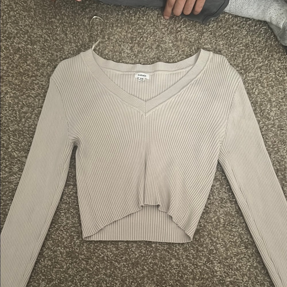 Garage Cream Ribbed Asymmetrical Crop Blouse